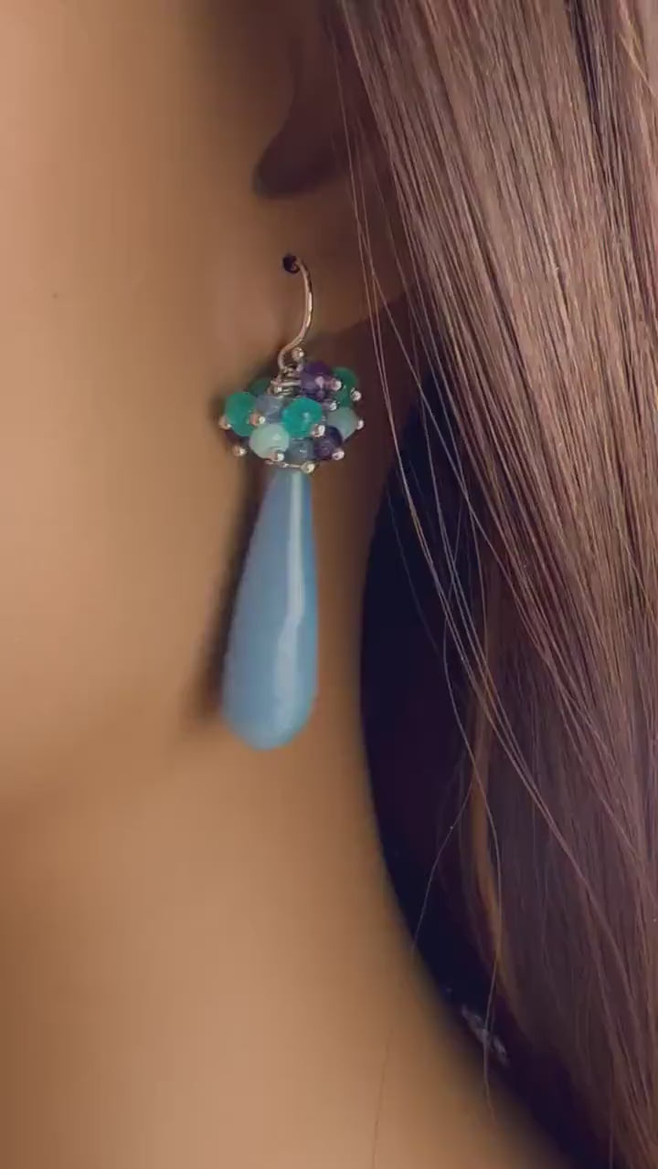 Amethyst, Apatite, Blue Opal, Tanzanite Clusters Dangling with Chalcedony Jade Long Briolette Wire Wrapped in 925 Sterling Silver Ear wire