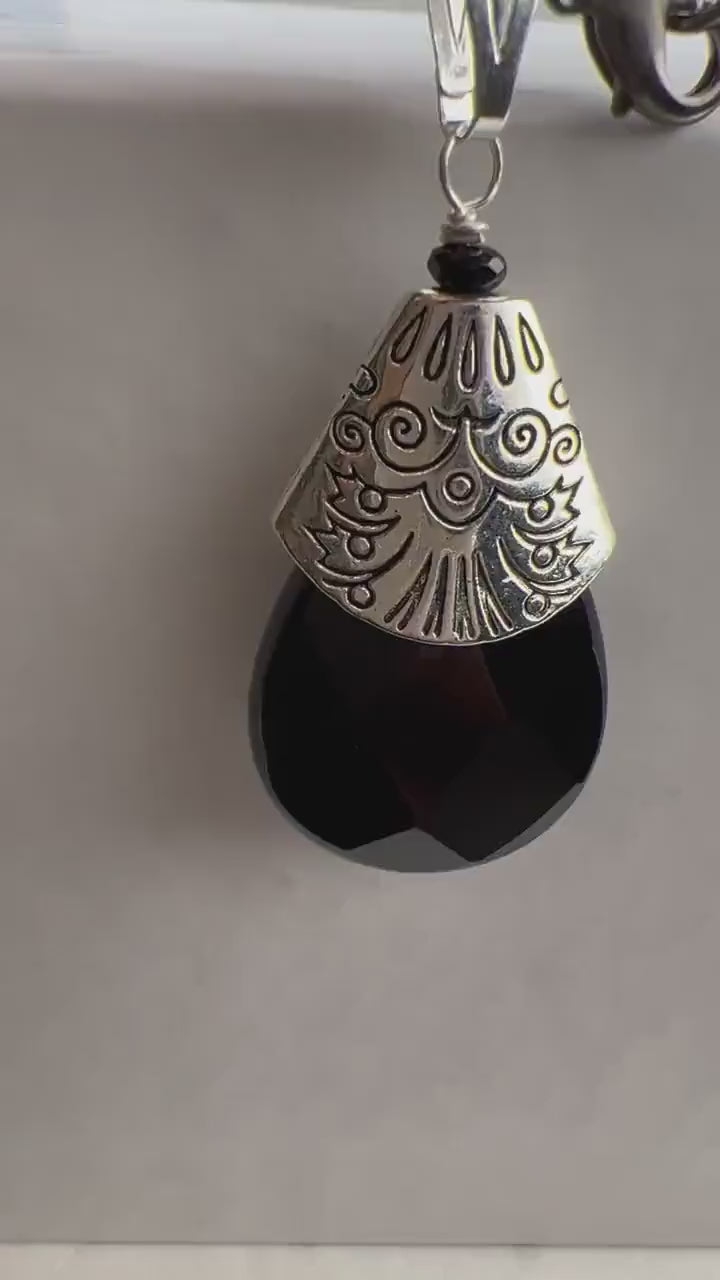Black Spinel Diamond Cut Necklace with Oxidized Silver Teardrop, Large Bali Style Cap, Black Onyx Pear Drop Pendant Necklace