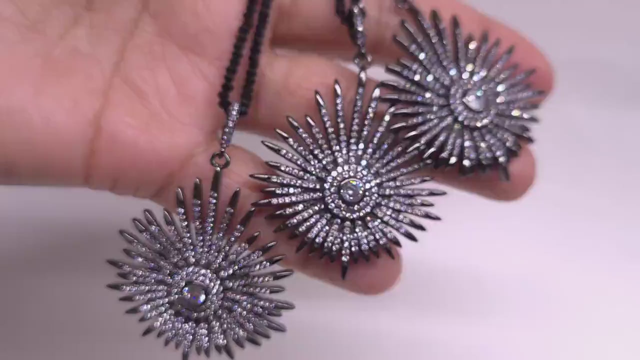 Cubic Zirconia Oxidized and Rhinestone Diamond Ball Pendant Extendable Necklace