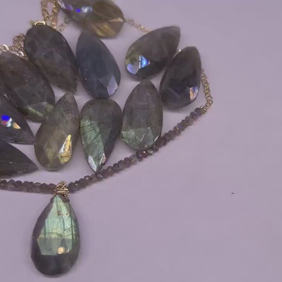 Labradorite Faceted 12x22mm large Pear Drop pendant with Labradorite Rondelle, 14K Gold Filled Chain Necklace, Clasp, handmade Gift For Her