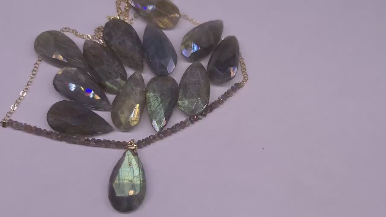 Labradorite Faceted 12x22mm large Pear Drop pendant with Labradorite Rondelle, 14K Gold Filled Chain Necklace, Clasp, handmade Gift For Her