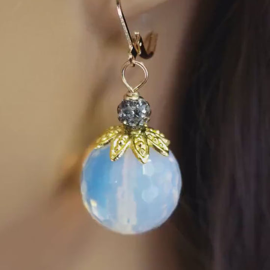 Huge Opalite Faceted Round 20mm large Bali Style  Cap and Rhinestone Disco Ball glowing bead opalite Gold Leverback Earrings