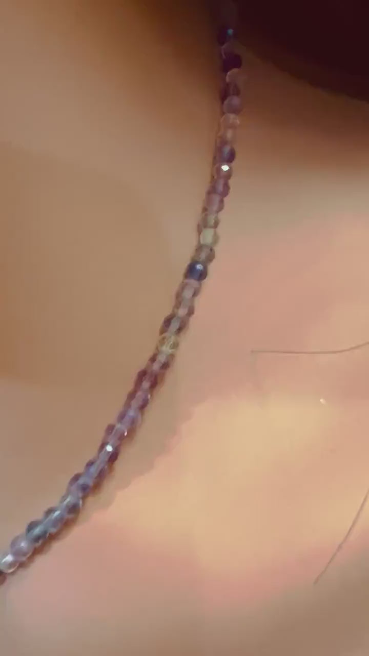 Natural Rainbow Fluorite 2.5-3mm Faceted beaded Sterling Silver Necklace,Choker Layering,Prom, Graduation June Birthstone, Precious Gift
