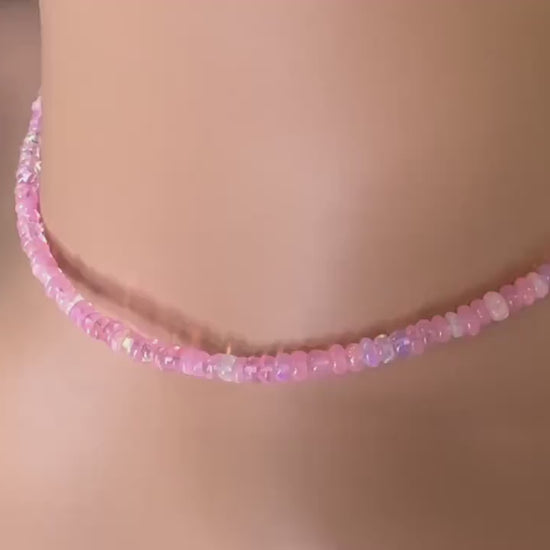 Genuine Ethiopian Fire Opal Pink Welo Opal Sweet Pink 3-3.5mm Roundel 925 Sterling Silver Necklace, AAA Quality Fiery Opal Jewelry Gift