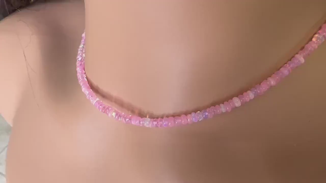 Genuine Ethiopian Fire Opal Pink Welo Opal Sweet Pink 3-3.5mm Roundel 925 Sterling Silver Necklace, AAA Quality Fiery Opal Jewelry Gift