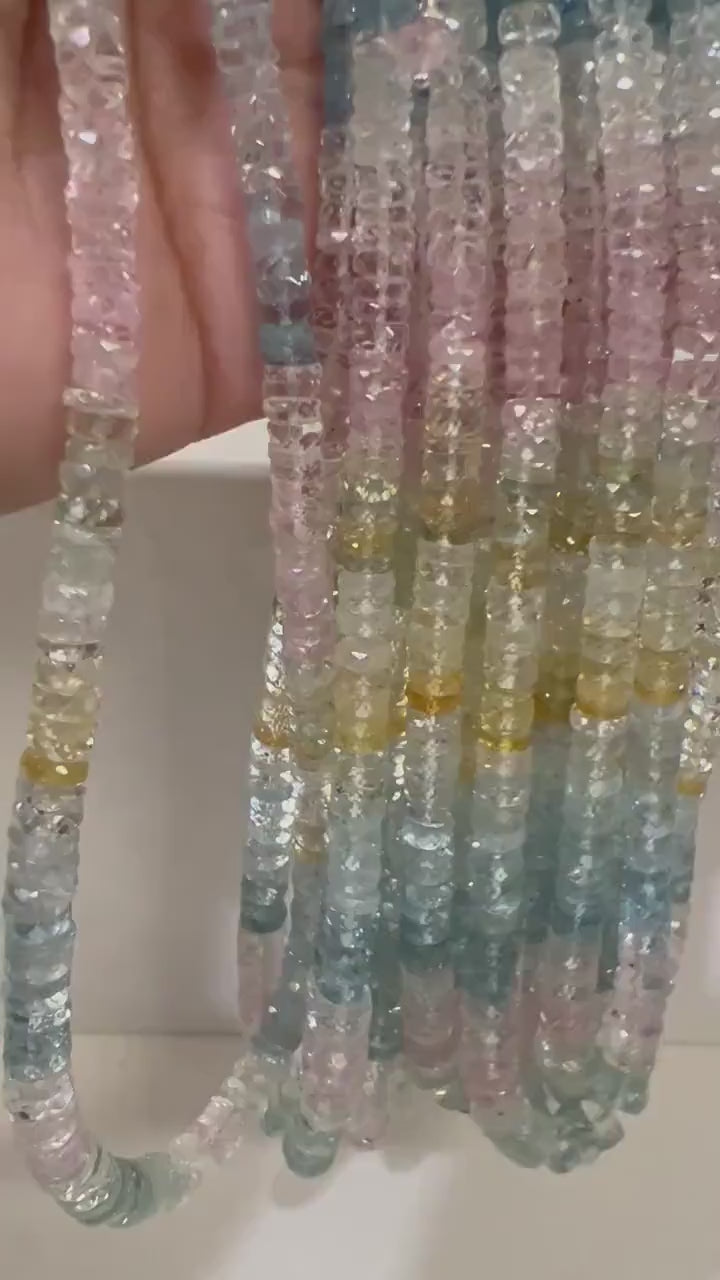 Natural Multi Aquamarine Necklace, Morganite 4-6mm Micro Faceted cut Graduated Tyre Heishe Roundel Rare AAA Sterling Silver Elegant Necklace