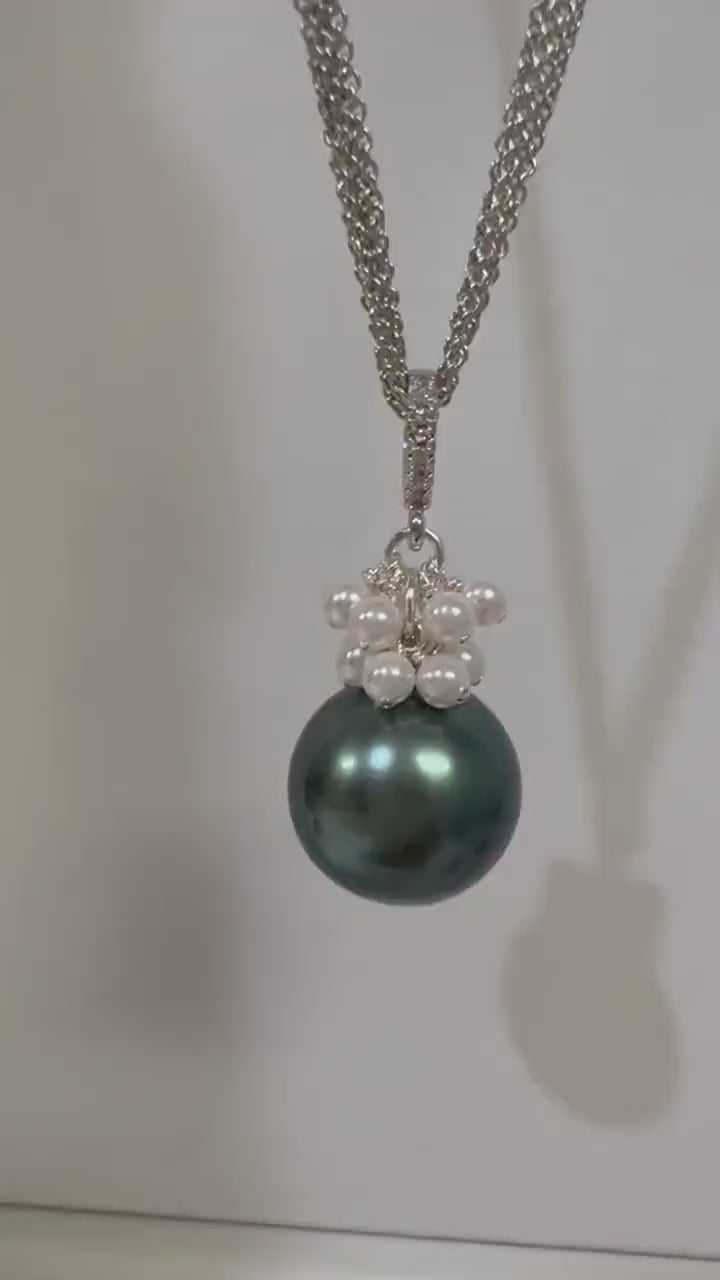 Teal Green 16mm South Sea Shell Pearl High Luster, 3mm White Freshwater Pearl Cluster, CZ Bail, 925 Sterling Silver Rhodium Finished Chain