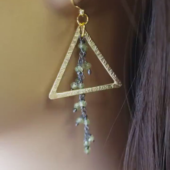 Natural Peridot Wire Wrapped cluster Dangling with 23x26 mm Triangular hammered brush Gold Vermeil Earring .August Birthstone,Tree of life