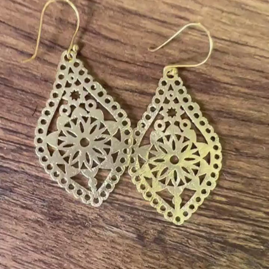 18k Gold Vermeil Bali brush gold Filigree flower 40mm long Handmade Earrings, beautiful light yellow gold color Earrings, gift