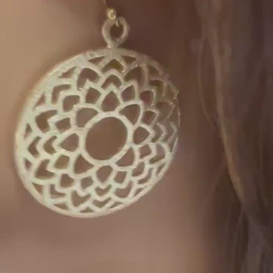 18k Gold Vermeil bali brush gold filigree flower 29mm circle Handmade Earrings, beautiful light  yellow gold color medium heavy weight gift