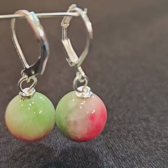 Candy Jade 10mm round handmade Leverback earrings in Silver, 925 Sterling Silver, minimalist Gift