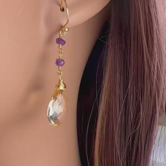 AAA Citrine Cut Stone Pear Drop 12x16mm, 4mm Faceted Amethyst Wire Wrapped in 14K Gold Filled Earrings, Soothing Gem, November Birthstone