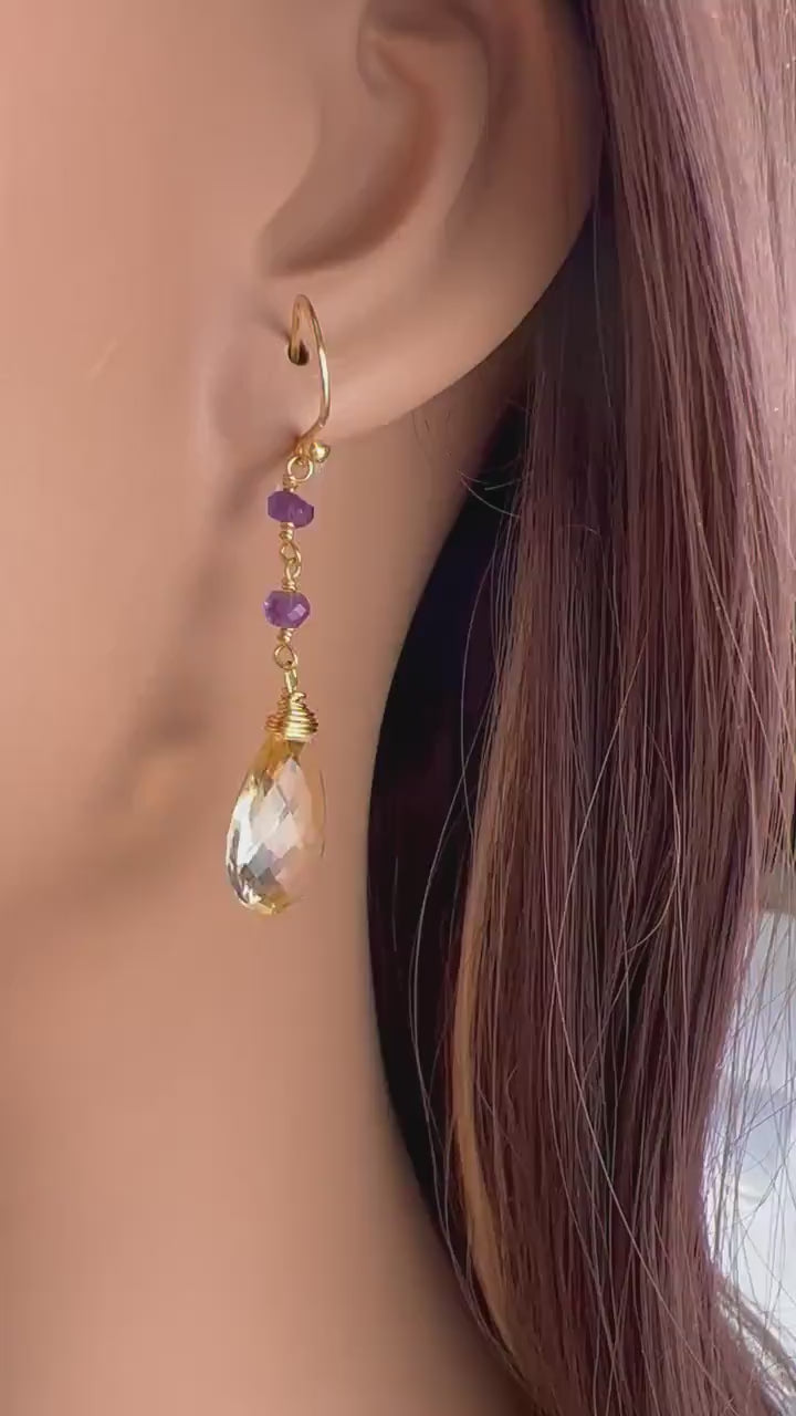 AAA Citrine Cut Stone Pear Drop 12x16mm, 4mm Faceted Amethyst Wire Wrapped in 14K Gold Filled Earrings, Soothing Gem, November Birthstone