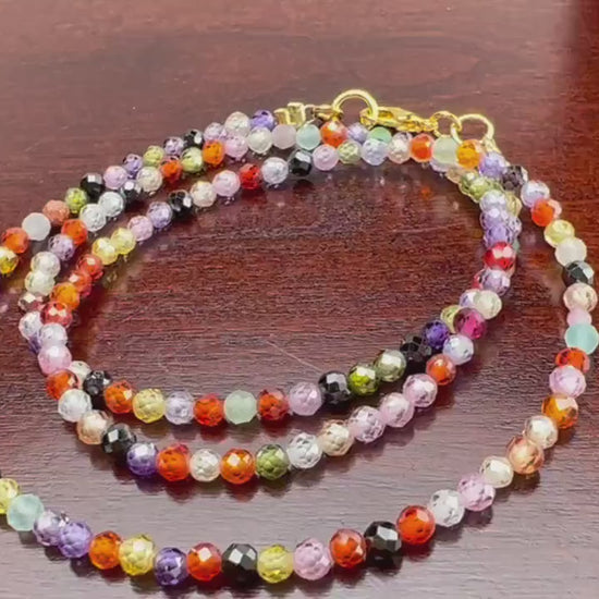 Multi Cubic Zirconia Micro Faceted 3-3.5mm CZ Round AAA sparkly Beaded choker layering necklace. Multi color happy gift for her