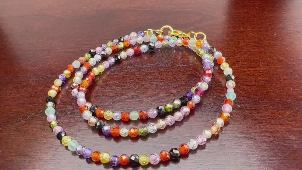 Multi Cubic Zirconia Micro Faceted 3-3.5mm CZ Round AAA sparkly Beaded choker layering necklace. Multi color happy gift for her