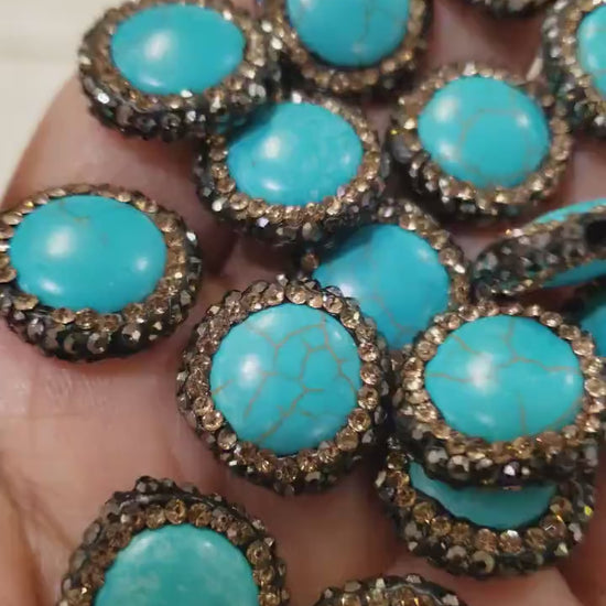 Turquoise rhinestone pave crystal black and gold line bead, center drilled , 17mm sparkly connector, spacer or focal bead.