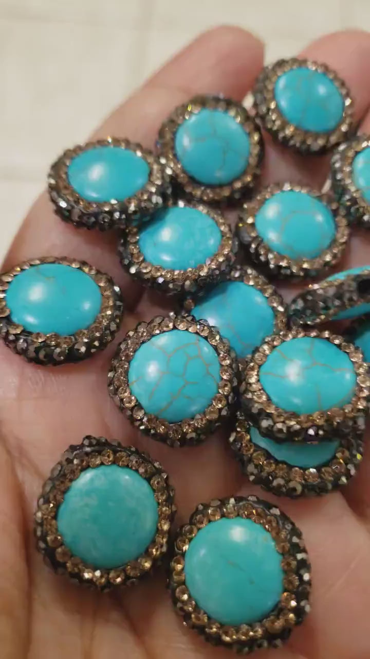 Turquoise rhinestone pave crystal black and gold line bead, center drilled , 17mm sparkly connector, spacer or focal bead.