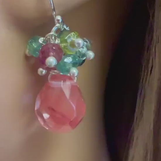 Multi Watermelon Tourmaline Cluster dangling with faceted Strawberry quartz 925 Sterling Silver Hook, Leverback Earrings, Handmade Gift