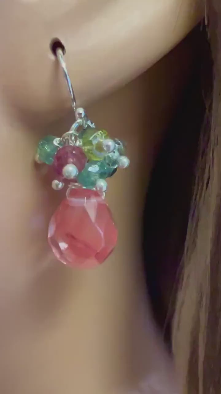 Multi Watermelon Tourmaline Cluster dangling with faceted Strawberry quartz 925 Sterling Silver Hook, Leverback Earrings, Handmade Gift
