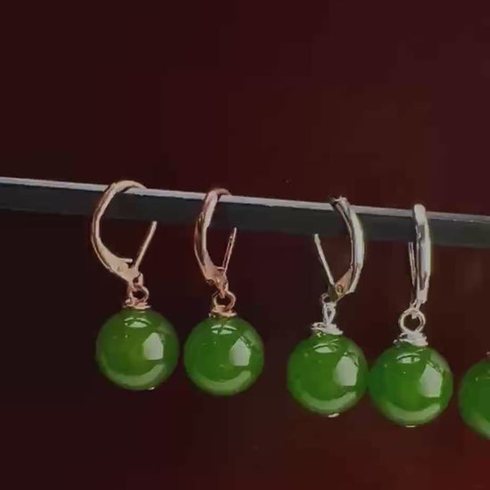 Natural Green Nephrite Canadian Jade 12mm round handmade Leverback earrings in Silver, Gold, Rose Gold, Victorian elegant minimalist Gift