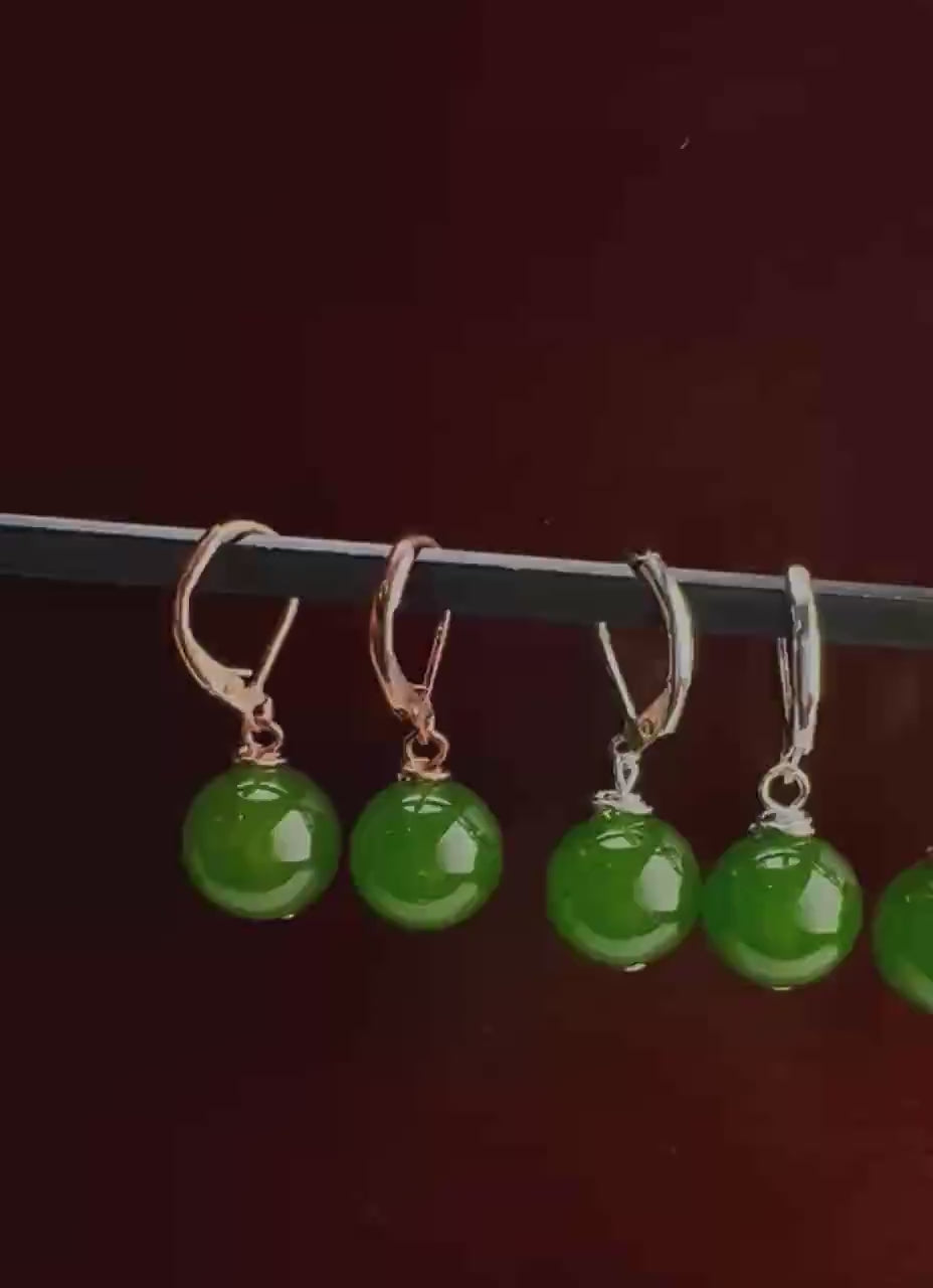 Natural Green Nephrite Canadian Jade 12mm round handmade Leverback earrings in Silver, Gold, Rose Gold, Victorian elegant minimalist Gift