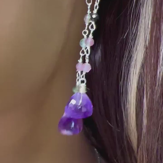 Natural Amethyst Trillion 8mm faceted dangling with Watermelon Tourmaline 925 sterling silver Earrings Handmade Gift