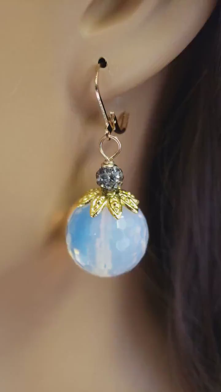 Huge Opalite Faceted Round 20mm large Bali Style  Cap and Rhinestone Disco Ball glowing bead opalite Gold Leverback Earrings
