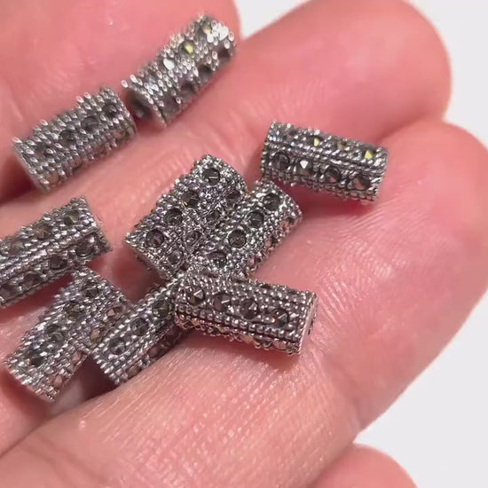 925 Sterling Silver Marcasite tube 5x10mm, 1mm Inner Diameter, Vintage Antique Handmade Designed jewelry making spacer noodle, 925 stamped