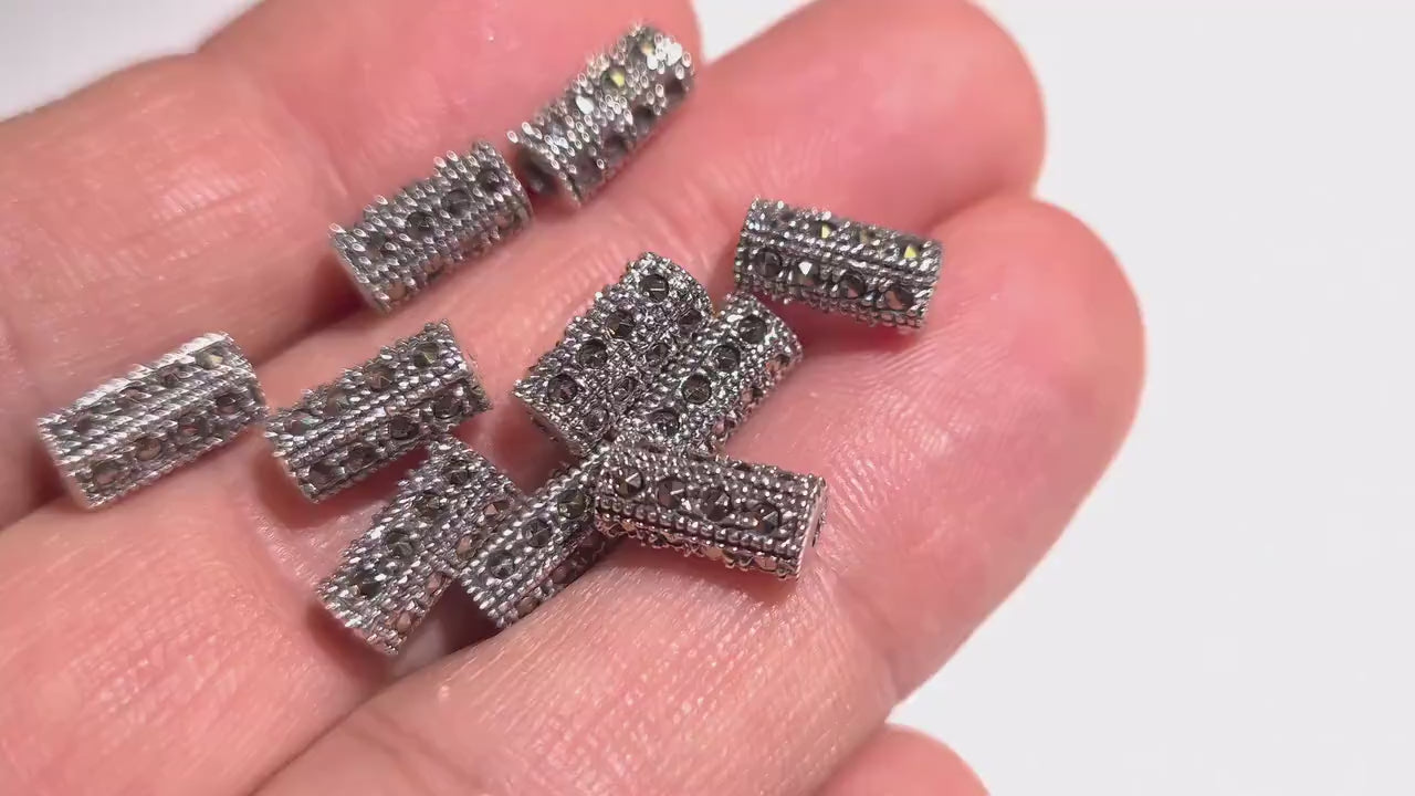 925 Sterling Silver Marcasite tube 5x10mm, 1mm Inner Diameter, Vintage Antique Handmade Designed jewelry making spacer noodle, 925 stamped