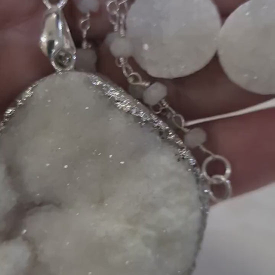 White Druzy Agate Geode Pendant Necklace, Earrings Set, Sparkling Druzy Earrings, Pendant Moonstone Rosary Chain in Sterling Silver Clasp