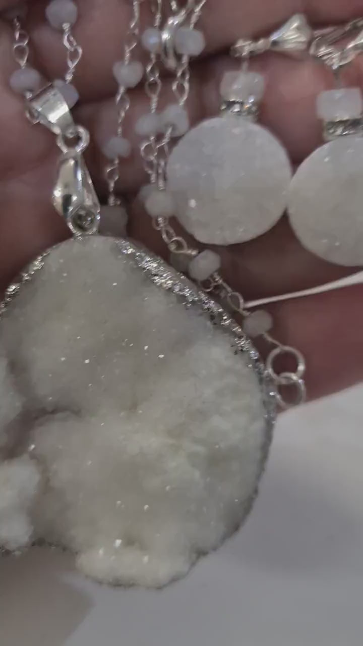 White Druzy Agate Geode Pendant Necklace, Earrings Set, Sparkling Druzy Earrings, Pendant Moonstone Rosary Chain in Sterling Silver Clasp