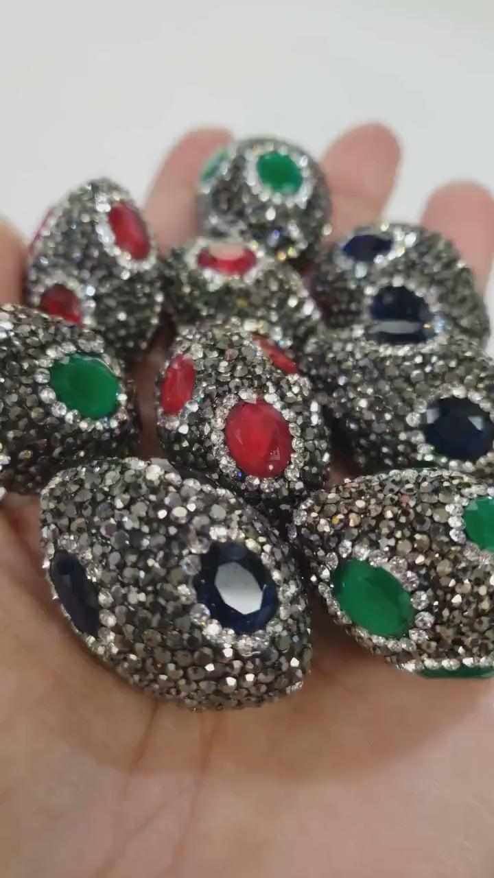 Ruby, sapphire, Emerald  20x31mm crystal quartz pave inlaid with black, white crystal oval connector, Focal bead, Bling, sold by 1 pc
