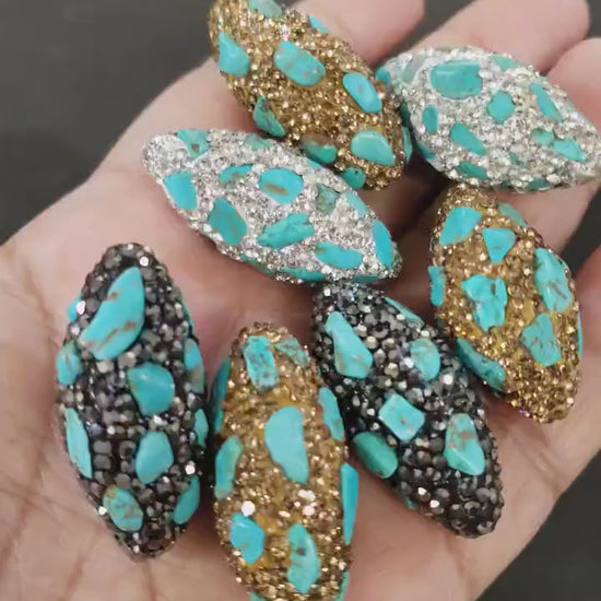 Natural blue turquoise freeform beads inlaid with rhinestone crystal micro pave 15x32mm oval focal bead, black gold & silver 3 color, 1piece