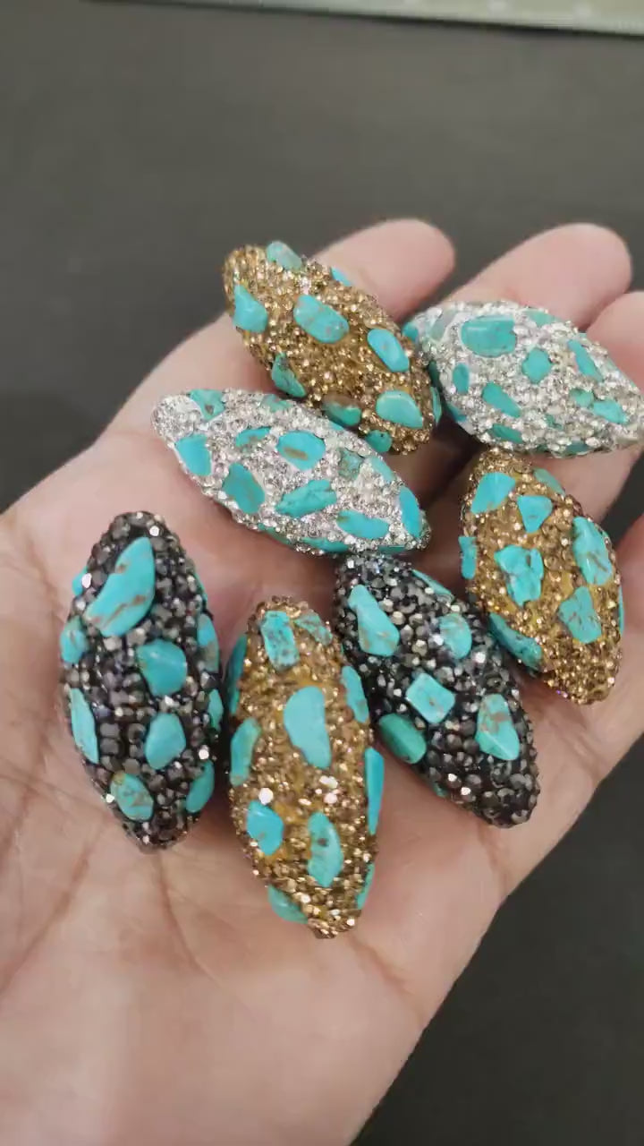 Natural blue turquoise freeform beads inlaid with rhinestone crystal micro pave 15x32mm oval focal bead, black gold & silver 3 color, 1piece