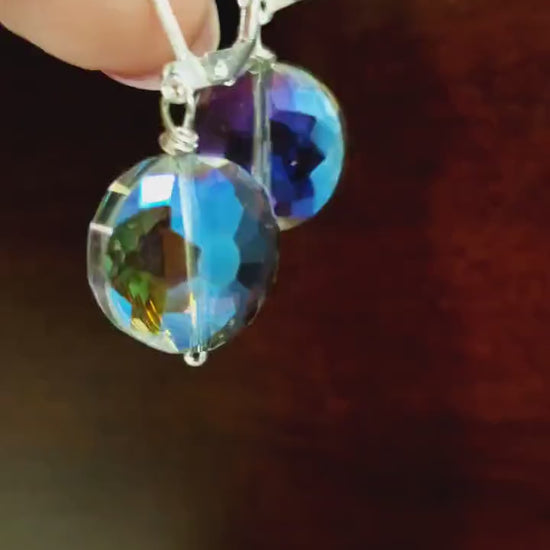 Purple AB Rainbow 14mm Disk Aurora borealies Swarovski Crystal Leverback Earrings, Valentine Gift