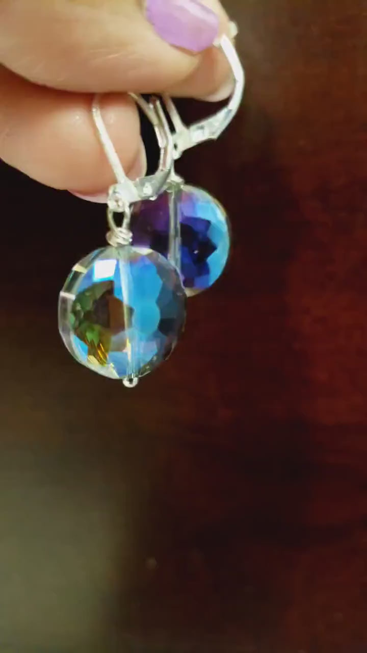 Purple AB Rainbow 14mm Disk Aurora borealies Swarovski Crystal Leverback Earrings, Valentine Gift