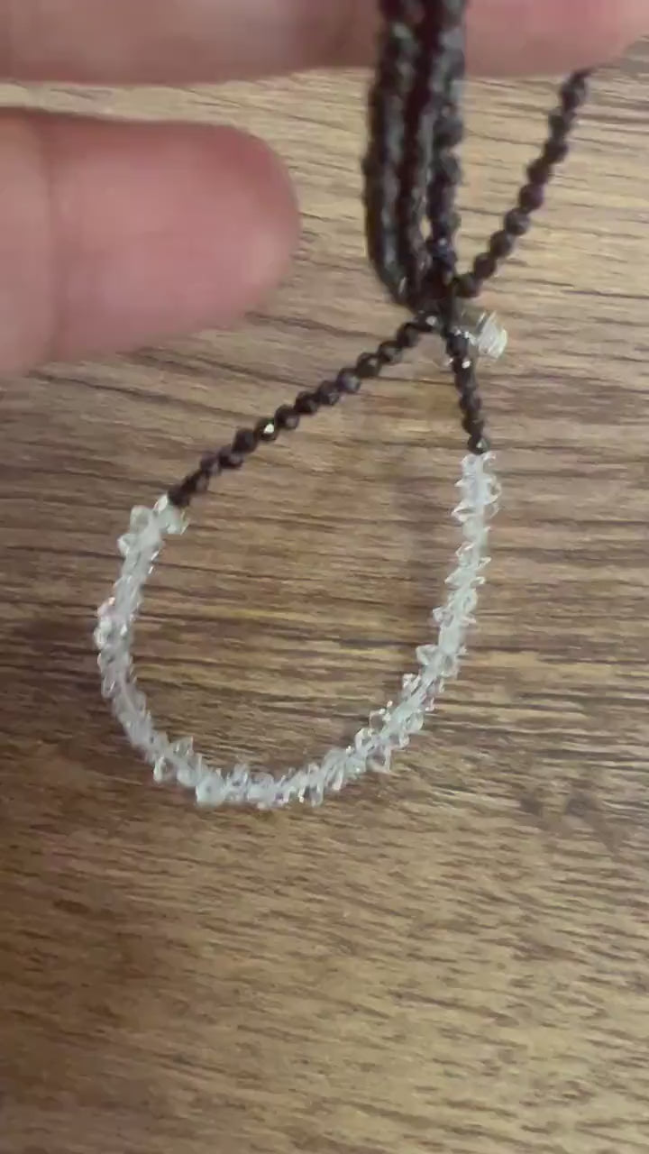 Black Spinel 2mm Beads with Herkimer Diamond 4x5.5-6.5mm Double Terminated in 3" AAA High Quality Raw Diamond 925 Sterling Silver necklace