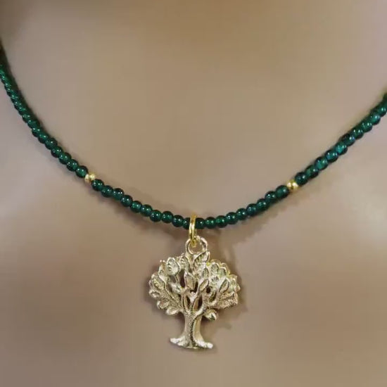Natural green jade 2mm smooth  Round with brushed gold vermeil Tree necklace Choker Layering Elegant , Gift Tree of life