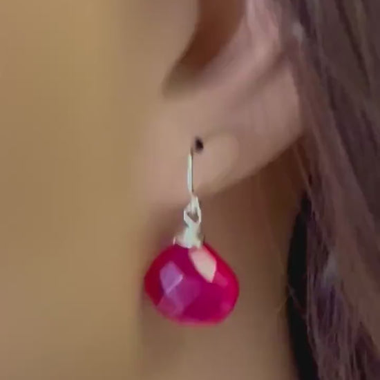 Hot Pink Chalcedony 13-14mm Heart drop 925 Sterling Silver, Gold Filled Earwire or Leverback earrings valentines girlfriend gift