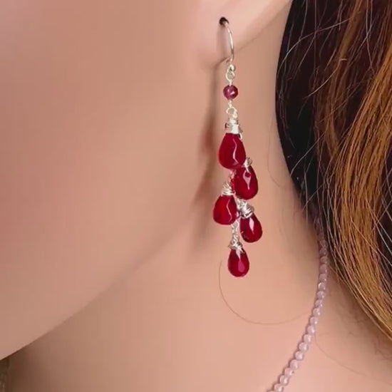 Ruby Quartz Faceted Drop vibrant Red wire Wrapped Dangling in Garnet 925 Sterling Silver cluster Earrings,Valentine,Bridesmaid, Gift For Her