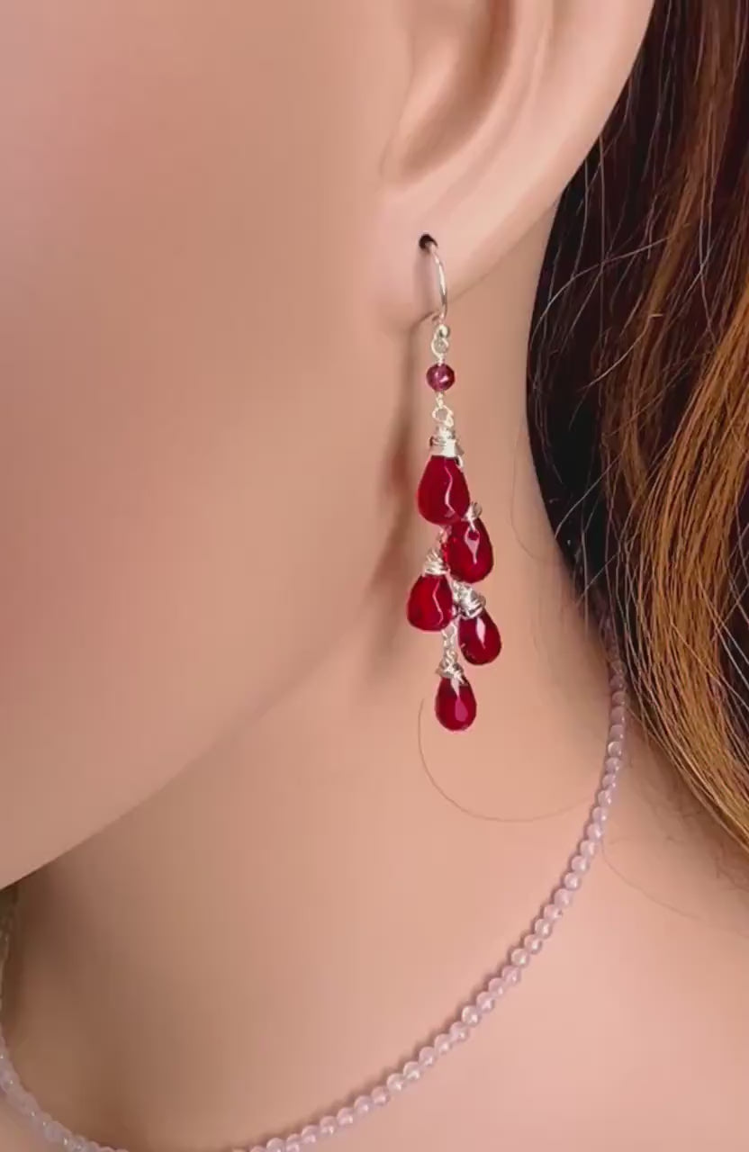 Ruby Quartz Faceted Drop vibrant Red wire Wrapped Dangling in Garnet 925 Sterling Silver cluster Earrings,Valentine,Bridesmaid, Gift For Her