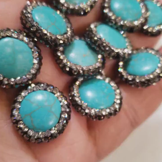 Turquoise rhinestone pave crystal black and silver line bead, center drilled , 17mm sparkly connector, spacer or focal bead.