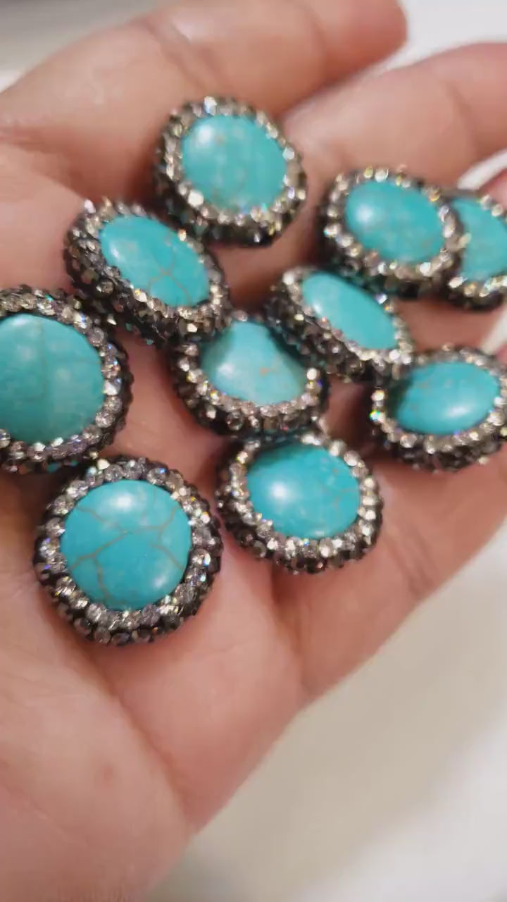 Turquoise rhinestone pave crystal black and silver line bead, center drilled , 17mm sparkly connector, spacer or focal bead.
