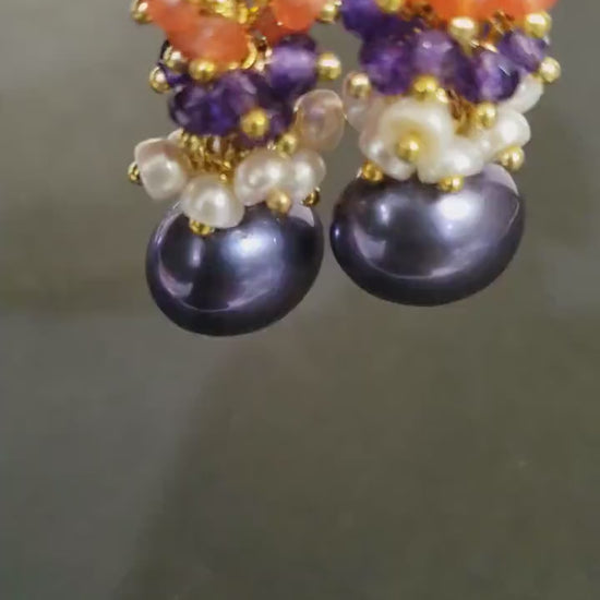 Sale..Multi Gemstones Clusters Earrings, Carnelian, Amethyst, Freshwater Pearl,  Purple South Seashell Gemstone Leverback Earrings