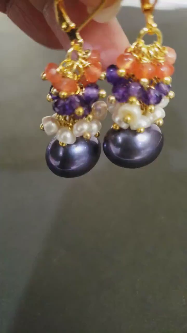 Sale..Multi Gemstones Clusters Earrings, Carnelian, Amethyst, Freshwater Pearl,  Purple South Seashell Gemstone Leverback Earrings