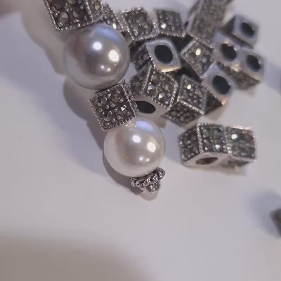 Marcasite 925 sterling silver 6mm Cube shape vintage Antique spacer block bead, 3.4mm Inner Diameter, jewelry making  spacer bead.