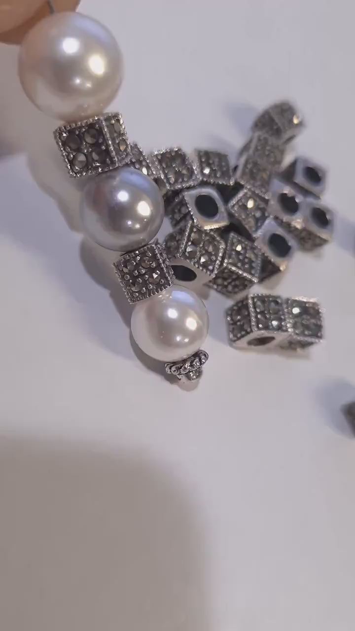 Marcasite 925 sterling silver 6mm Cube shape vintage Antique spacer block bead, 3.4mm Inner Diameter, jewelry making  spacer bead.