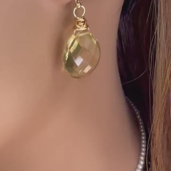 Genuine Lemon Topaz Faceted Teardrop cut gemstone AAA Earrings, 12x16mm drop in 925 Sterling Silver, 14K Gold Filled