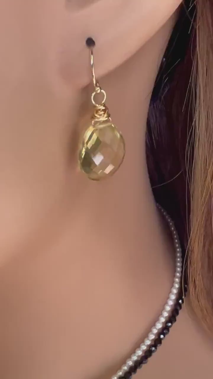 Genuine Lemon Topaz Faceted Teardrop cut gemstone AAA Earrings, 12x16mm drop in 925 Sterling Silver, 14K Gold Filled