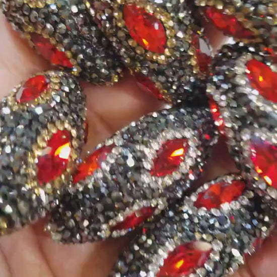 Ruby Crystal, Rhinestone Pave Crystal Gold, Silver Bead, Center Drilled, 15x36mm Sparkly Bead, Bling  Spacer or Focal Bead.